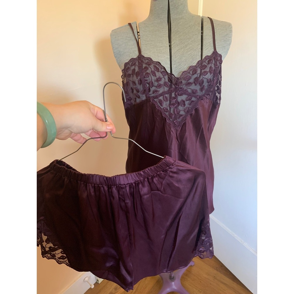Calida Switzerland Silk Satin Lace Camisole sz M Shorts sz S Set Plum Purple PJs